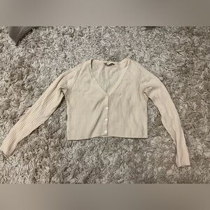 Everlane Cropped Cream Ribbed Button-Up Cardigan